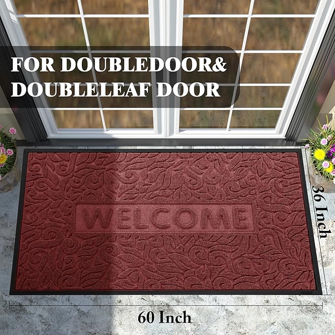 Yimobra Welcome Front Door Mat Outdoor, Heavy Duty Sturdy Non Slip Doormats, Rubber Backing, Low-Profile Entrance Rugs, Absorbent Resist Dirt, Easy Clean Patio Garage Floor Mats, 60X36 Inch, Wine Red-Ruum Studio Home