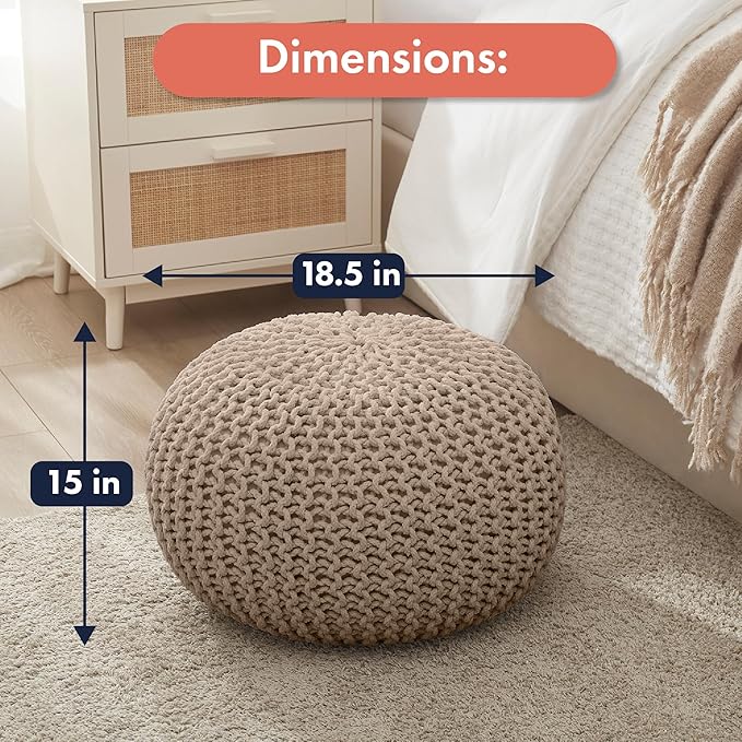 Ornavo Home Pouf Ottoman Foot Rest - 100% Cotton Pouffe - Hand Knitted Cable Braid Cord - Boho Round Stuffed Ottoman for Living Room, Bedroom - Beige-Ruum Studio Home