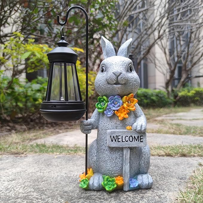 Solar Rabbit Garden Statues Outdoor Décor with Lantern- Rabbit Figurines Solar LED Light Lawn Ornaments - Yard Decorations for Patio, Balcony, Backyard -Unique House Warming Gifts for Mom-Ruum Studio Home