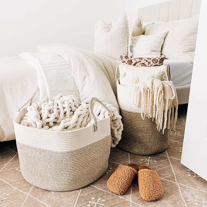 OrganiHaus Woven Laundry Basket, Large Cotton Rope Blanket Holder with Handles, Soft & Sturdy Nursery Hamper, Decorative Toy Bin for Living Room Organization 20x13 inches - Brown/Off-White-Ruum Studio Home