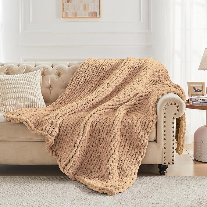 Carriediosa Chunky Knit Throw Blanket 50" X 60", 100% Hand Made Large Chenille Loop Yarn Soft Fluffy Throws for Couch Sofa Bed, Big Crochet Cozy Heavy Thick Cable Woven Blankets, Tan Brown-Ruum Studio Home