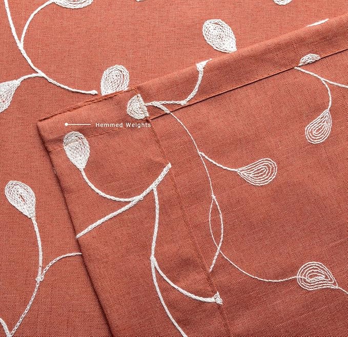 MIUCO Floral Embroidered Semi Sheer Curtains Faux Linen Grommet Window Curtains for Girls Room 52 x 63 Inch 2 Panels, Rust-Ruum Studio Home