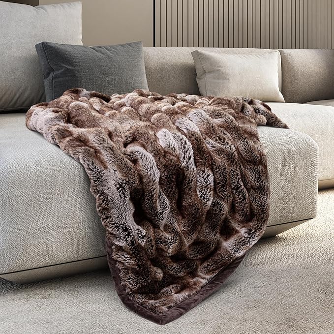 Mon Chateau Premium Reversible Luxury Faux Fur Throw for Couch, Sofa, or Bed - Plush Cozy Soft Blanket for Sleeping or Home Décor, 60" x 70" (Ruched Dark Brown)-Ruum Studio Home