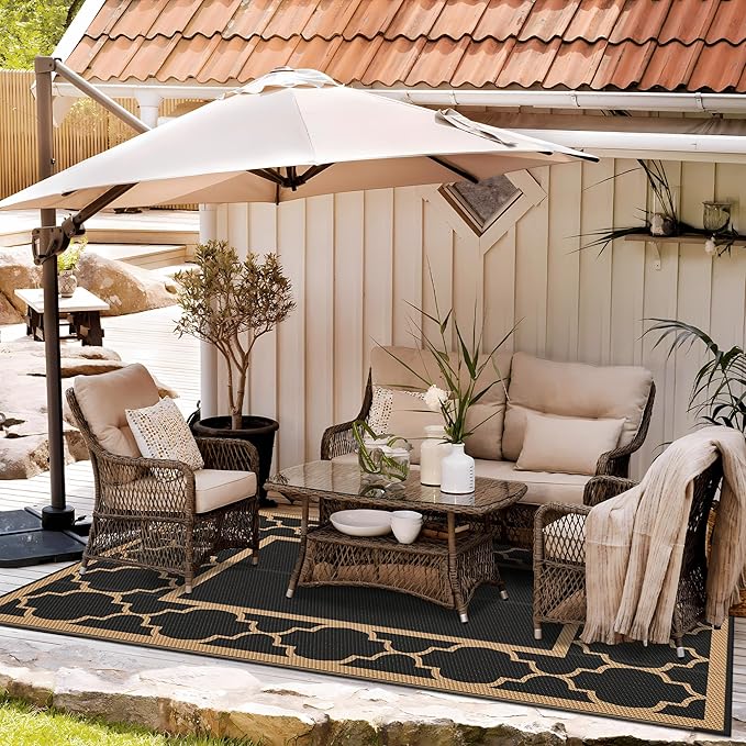 GENIMO Outdoor Rug 9' x 12' Patio Waterproof, Foldable Reversible Plastic Straw Area Rugs Mat for Camper Decor, Outside Carpet for Rv, Deck, Porch, Picnic, Beach, Balcony, Black & Brown-Ruum Studio Home