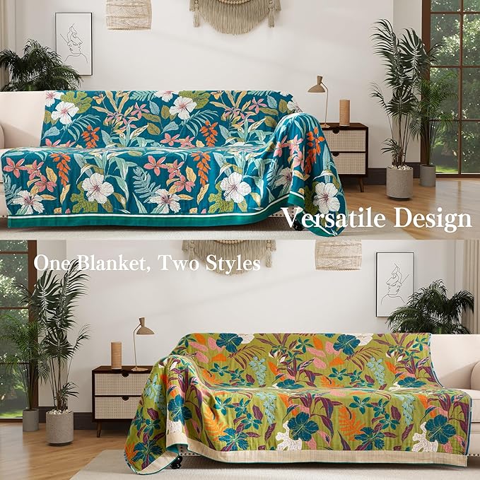 Boho Throw Blanket Full Size, Extra Large Soft Cozy Cotton Muslin Quilt Blanket for Bed Decor, Floral Patterned Couch Sofa Chair Cover, Vintage Farmhouse Cottage Woven Blanket, Teal&Green-Ruum Studio Home