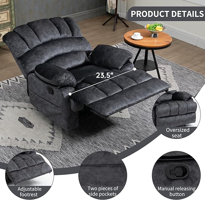 Luxlen Large Manual Recliner Chair,Soft Fabric Push Back Recliner with Overstuffed Armrest and Backrest, Living Room Single Sofa Recliners,Grey-Ruum Studio Home