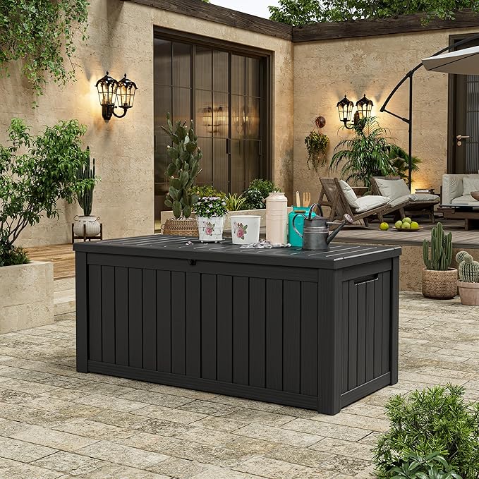 KAMABOKO Outdoor Storage Box, 120 Gallon Large Outdoor Resin Deck Box, Storage Waterproof Boxes Lockable Lid for Garden Tools, Pool Supplies, Patio Furniture and Cushions, Black-Ruum Studio Home