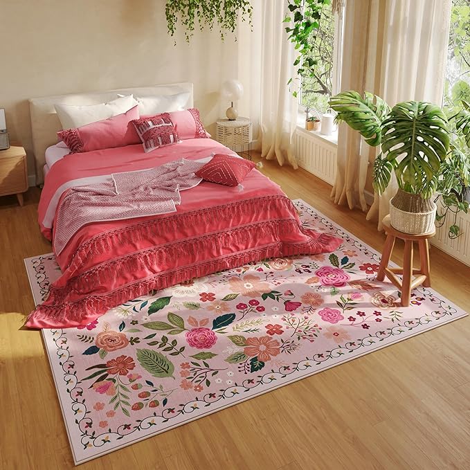 Area Rugs 8x10 Rug for Living Room Clearance Washable Boho Area Rug Non Slip Floral Vintage Low Pile Large Rug for Living Room, Bedroom, Farmhouse, Dining Room, Kids Playroom(Pink)-Ruum Studio Home