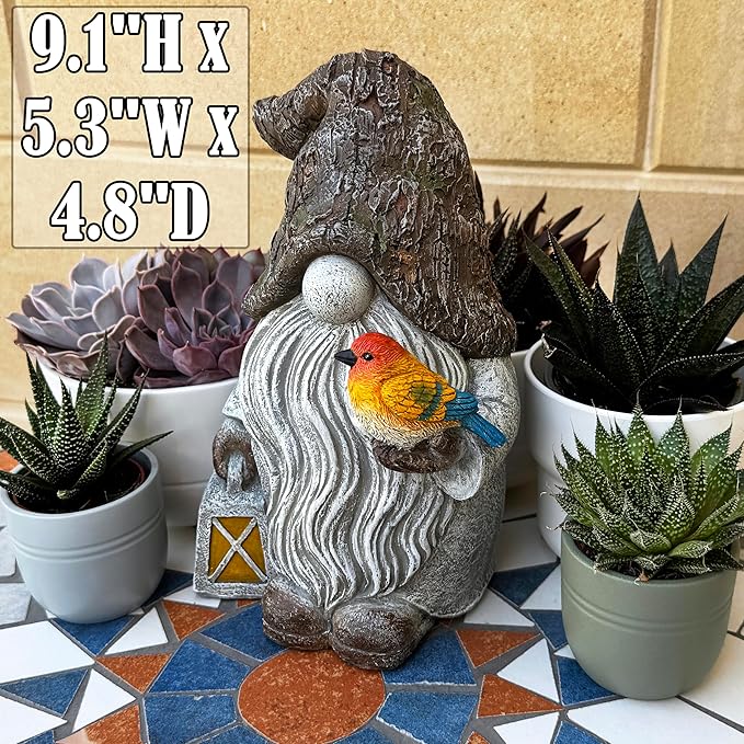 Mood Lab Garden Gnome - Stone Gnome Figurine - 9.1 Inch Tall Lawn Statue with Bird - for Outdoor or House Decor-Ruum Studio Home