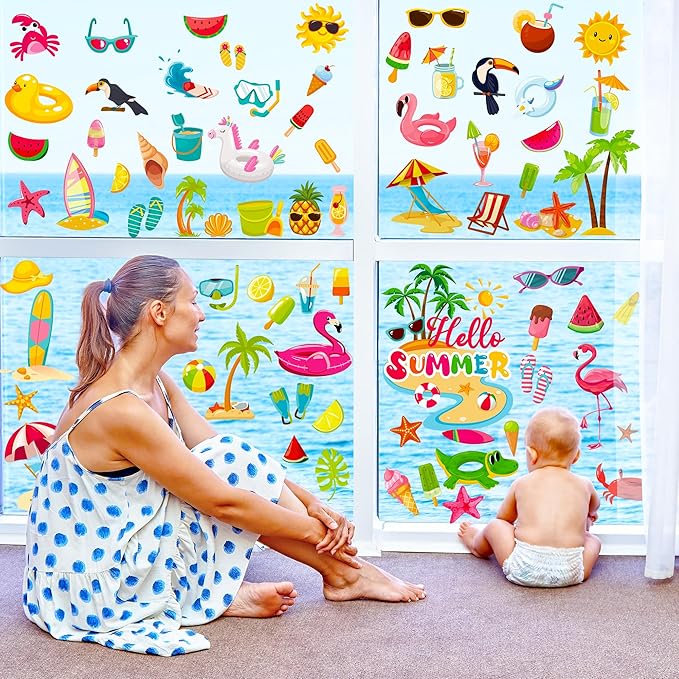 9 Sheets Summer Window Clings, Double Sided Summer Window Clings for Glass Windows, Hello Beach Decals, Sun Watermelon Pattern Stickers for Home Office Accessories Decorations-Ruum Studio Home