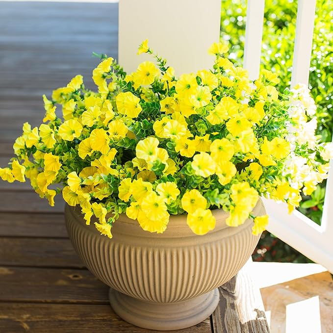 Artificial Mums for Outdoors Fake Fall Flowers Plants for Autumn Decoration, 12 Bundles Silk Morning Glory with Eucalyptus Look Real UV Resistant Yellow Faux Mums for Outside Planters Front Door Yard-Ruum Studio Home