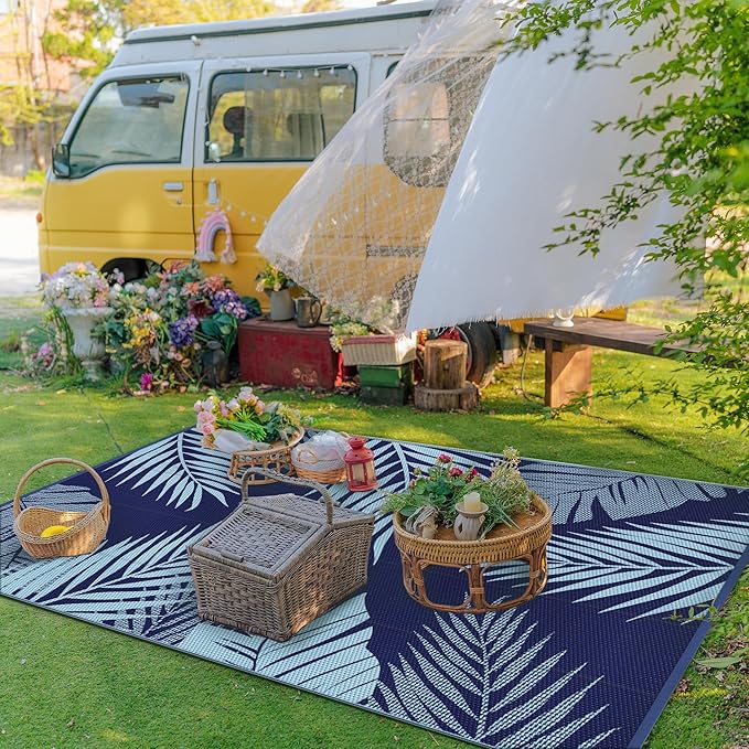GENIMO Outdoor Rug 8' x 10' Waterproof for Patios Clearance, Reversible Outdoor Plastic Straw Camping Rug Carpet, Large Area Rugs Mats for RV, Camper, Deck, Balcony, Porch, Beach, Navy Blue&Baby Blue-Ruum Studio Home