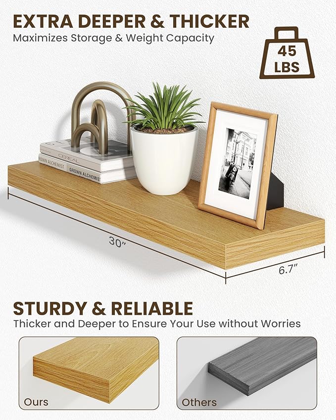 Marsmiles 30" Floating Shelves for Wall, Wooden Shelves with Invisible Brackets Set of 2, Rustic Farmhouse Wall Mounted Shelf for Kitchen Bathroom Living Room Study, Natural Oak-Ruum Studio Home