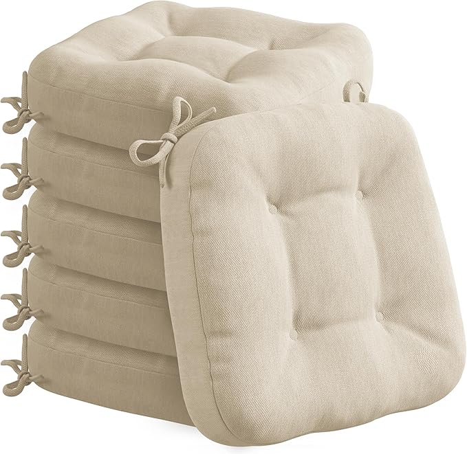 Codi 6 Pack Dining Chair Cushions, Thick Chairs Pads for Indoor Kitchen Room - Washable, Non-Slip Seat Cushion with Ties, 16.5"x16.5"x 3.5", Set of 6, Beige-Ruum Studio Home