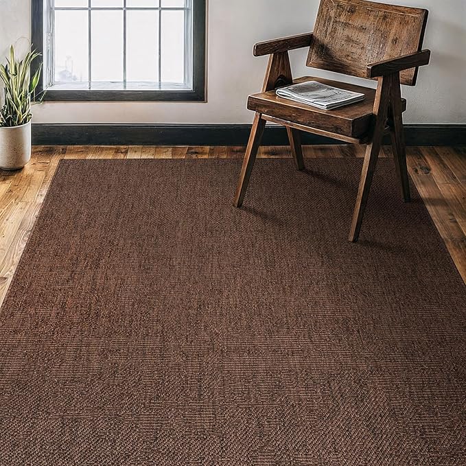 CAMILSON Easy Jute Rug 4x6, Indoor Outdoor Brown Color Fiber Area Rugs for Living Room Patio and Kitchen Rug, Solid Boho Woven Design, Easy-Cleaning, Washable Outside Carpet Alfombras (4 x 6)-Ruum Studio Home