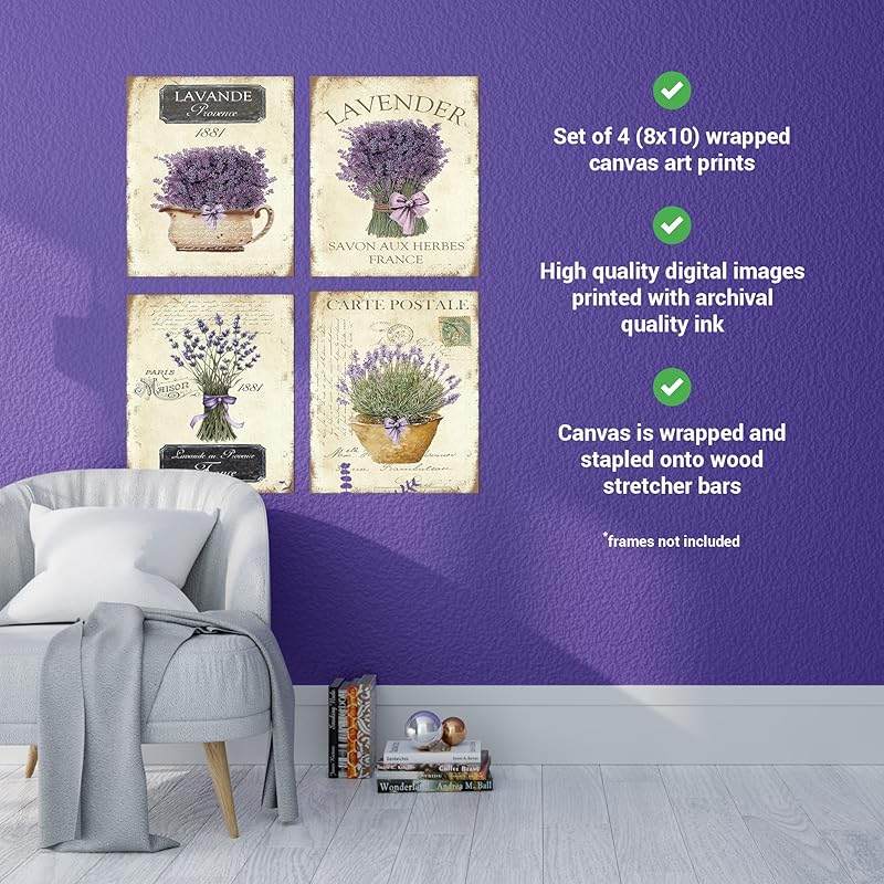 Twisted R Design Wall Art Canvas Prints - 4 Vintage Farmhouse Decor Prints - 8x10 Wrapped Canvas Floral-Themed Pictures - Made in USA Wall Art for Living Room, Bedroom, Office, More - French Lavender-Ruum Studio Home
