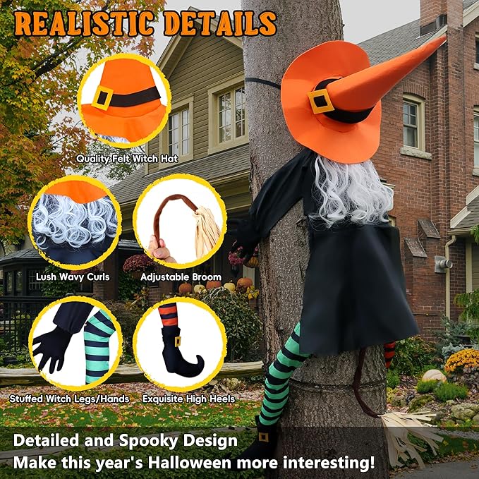 POPGIFTU 53" Halloween Crashing Witch Decoration – Funny Flying Witch for Tree, Yard, Porch & Outdoor Halloween Decor-Ruum Studio Home