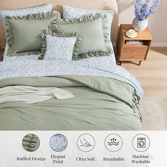 Full Comforter Set - 7 Pieces Ruffle Sage Green Bedding Sets, Shabby Chic Farmhouse Bed in a Bag Full with Ruffle Comforter, Floral Sheets, Pillowcases & Shams-Ruum Studio Home