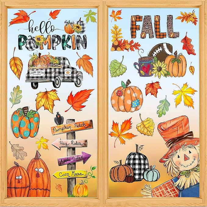 Fall Window Clings Decorations for Glass Fall Watercolor Pumpkin Maple Leaves Scarecrow Truck Window Stickers for Autumn Thanksgiving Harvest Party Home Window Decals Decor-Ruum Studio Home