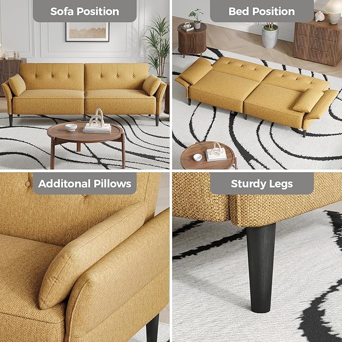 89” Futon Sofa Bed, Linen Comfy Futon Couch Bed with 2 Square Pillows, Convertible Sleeper Sofa with Adjustable Backrest& Armrests, Modern Loveseat Sleeper for Living Room, Bedroom, Yellow-Ruum Studio Home