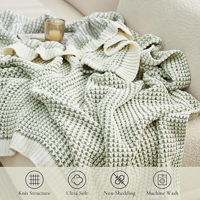 Amélie Home Chenille Waffle Throw Blanket for Couch, Reversible Pineapple Stitch Knit Soft Cozy Knit Blanket Lightweight Warm Decorative Throw for Sofa, Bed, Living Room, 60 * 80", Sage Green&Ivory-Ruum Studio Home