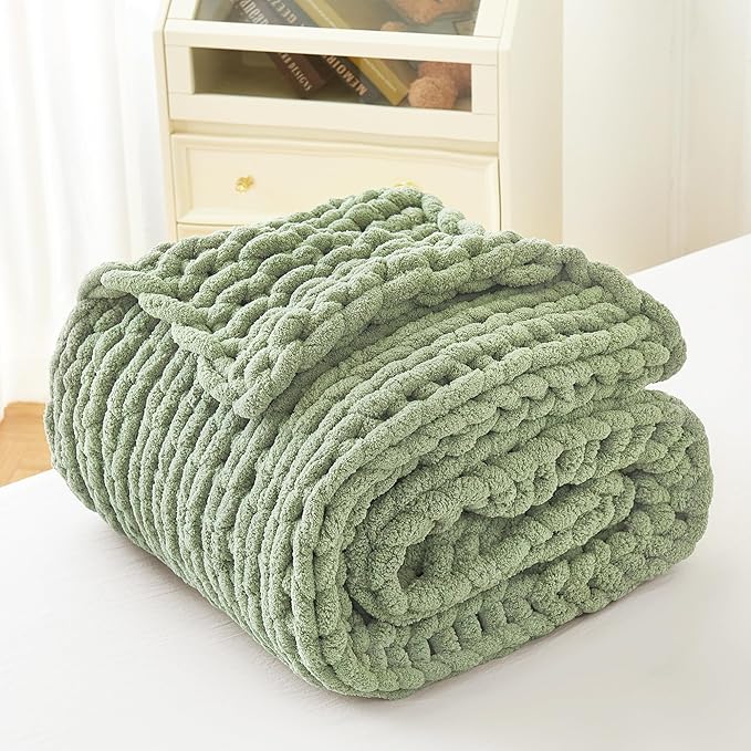 Admitrack Chunky Knit Blanket Throw, 100% Hand Knit Chenille Throw Blanket for Sofa & Home Decor, Soft and Cozy Knitted Throw Blankets (Sage Green，51"x63")-Ruum Studio Home