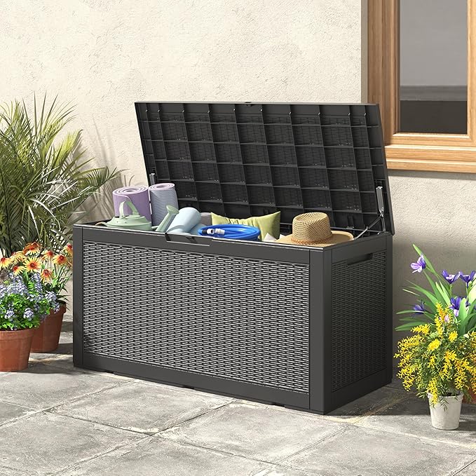 KAMABOKO 101 Gallon Waterproof Large Resin Deck Box, Lockable Large Outdoor Storage Boxes Indoor Outdoor Storage Container for Patio Cushions, Gardening Tools, Pool Supplies, Black-Ruum Studio Home