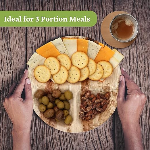 Dtocs 3 Compartment Plates (50 Pc) Palm Leaf 10 Inch Round Portion Control Buffet Sectional Plate | Bamboo Plates Disposable Like Compostable Camping Dinnerware Stronger than Divided Paper, Styrofoam-Ruum Studio Home
