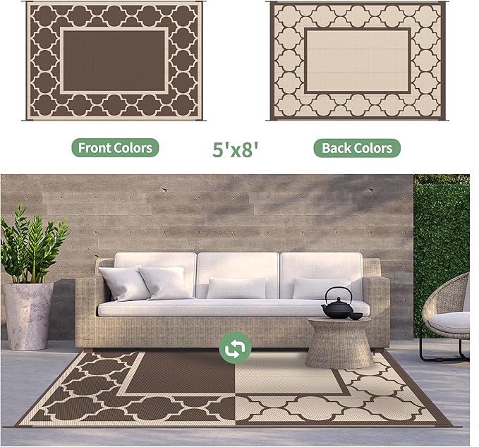 GENIMO 5' x 8' Outdoor Rug Waterproof for Patio Decor, Foldable Reversible Plastic Straw Area Rugs Mat for Camper, Outside Carpet for Rv, Deck, Porch, Picnic, Beach, Balcony, Coffee & Beige-Ruum Studio Home