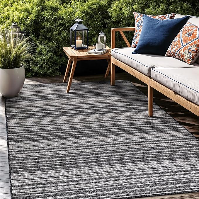 Stripe Outdoor Rug 9x12 Washable Outside Carpet for Indoor Patio Porch Waterproof Easy Cleaning Non Shedding Area Rugs Dark Gray 9 x 12-Ruum Studio Home