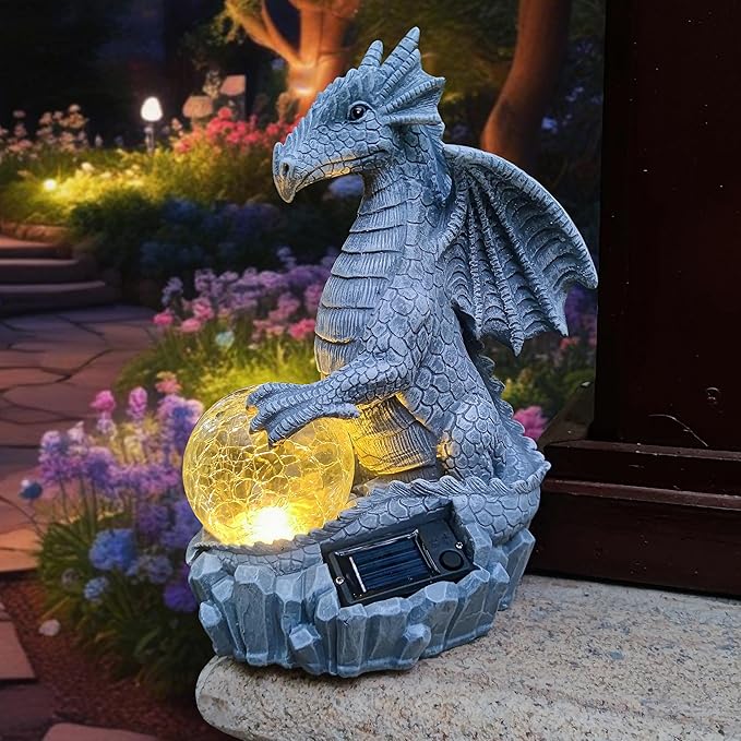 Dragon Solar Garden Statues Outdoor Decoration with Magic Orb,Dragon Figurine Solar LED Lights Lawn Décor,Outside Statue Ornament for Patio, Balcony, Yard,Unique Gifts for Mom Grandma-Ruum Studio Home