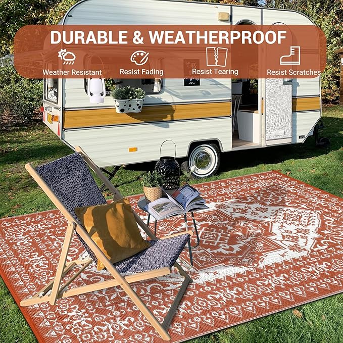 GAOMON Large Outdoor Plastic Straw Rug 10x14 Waterproof Patio Rug Reversible Foldable Portale Camping Mat with Stakes & Bag, Vintage Boho Outside Carpet for RV Garden Deck Porch, Orange Red-Ruum Studio Home