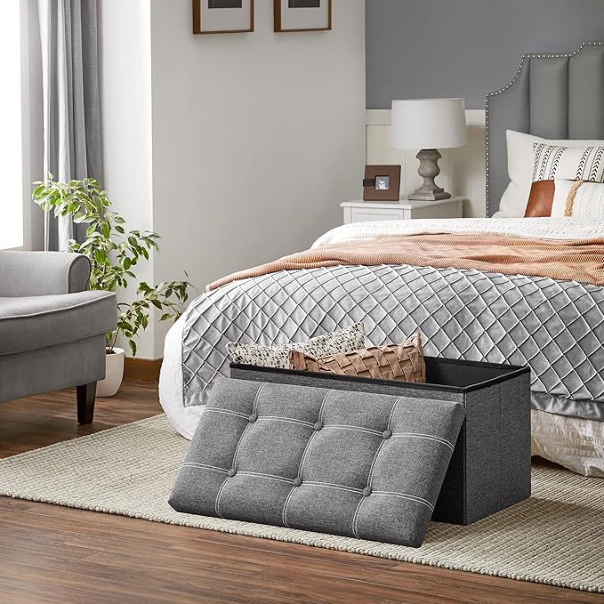SONGMICS Mazie Collection - 30 Inches Ottoman Storage Bench, 21 Gal. Folding Chest with Breathable Linen-Look Fabric, Load up to 660 lb, for Entryway, Living Room, Bedroom, Dark Gray ULSF001G01-Ruum Studio Home