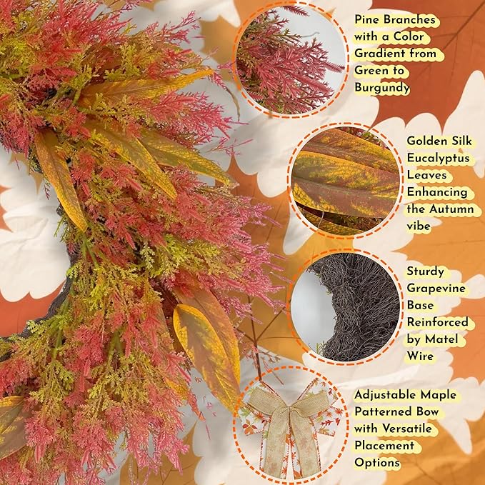 CYANBLOOM Front-Door Cedar Fall Wreaths: 24 Inch Large Wreath with Burlap Bow - Weatherproof Outdoor Porch Decor - Ideal Stress Relief Rustic Greenery for Autumn Holiday (Thanksgiving/Halloween 2025)-Ruum Studio Home