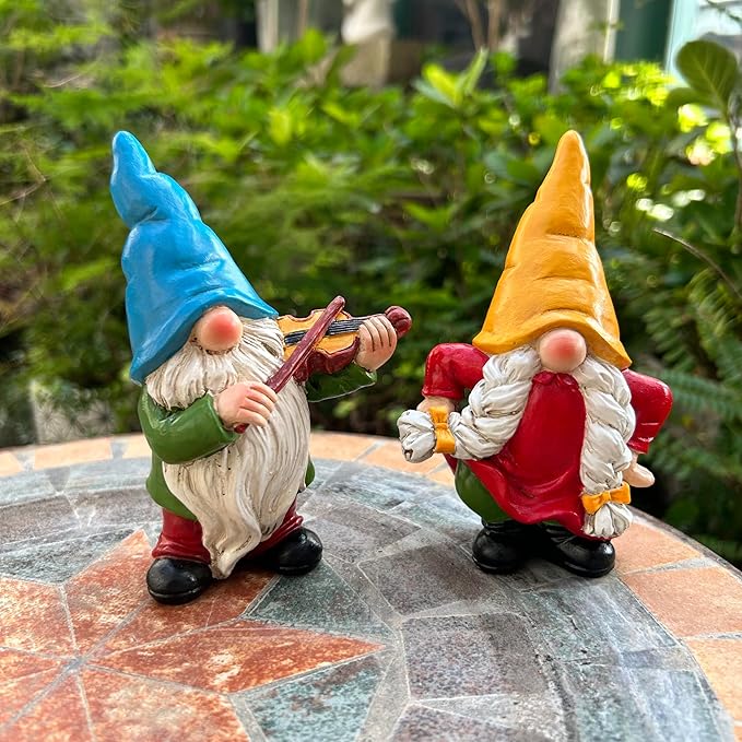 Garden Gnome Duo Decorative Figurines 5.5“ Ornament for Indoor Outdoor Home Garden Decor，Musical Violin Player and Dancing, Colorful Outdoor Statues, Set of 2-Ruum Studio Home