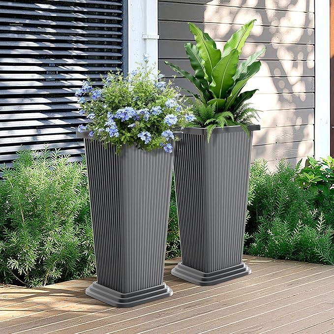FENCY Set of 2 Tall Planters for Outdoor Plants, 24 Inch Large Tapered Pots with Drainage Trays, Weather-Resistant Plastic Plant Containers for Patio, Porch, Garden, Front Door Decor,Gray,Striped-Ruum Studio Home