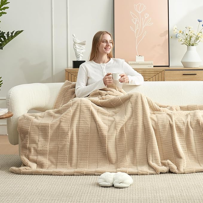 Amélie Home Luxury Striped Faux Fur Throw Blanket for Couch, Embossed Split Fur Cozy Fuzzy Fluffy Luxurious Soft Plush Sofa Chair Bed Gift Blankets for Women Men Wife Friend, 55"x70", Beige-Ruum Studio Home