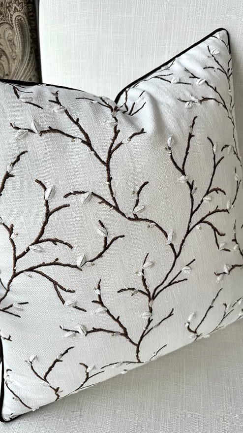 VAGMINE Embroidered Pussy Willow Throw Pillow Cover - 18x18 Inches Square - 100% Cotton Ivory Decorative Cushion Cover - Floral Embroidery - Soft Neutral Accent for Sofa, Bed, Couch, Farmhouse Décor-Ruum Studio Home