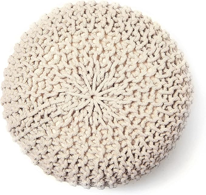 REDEARTH Round Pouf Ottoman - Cable Knitted Boho Poof - Home Décor Cord Pouffe Handmade Circular Footrest for Living Room - Bedroom - Kids Bedroom - 100% Cotton Pouf (18" x 18" x 14") - Ivory-Ruum Studio Home