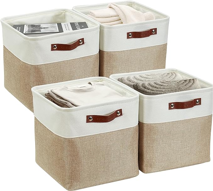 DECOMOMO Storage Cubes, 11x11 Cube Storage Bins, Baskets for Shelves (Beige & White, Cube 11" - 4 Pack)-Ruum Studio Home