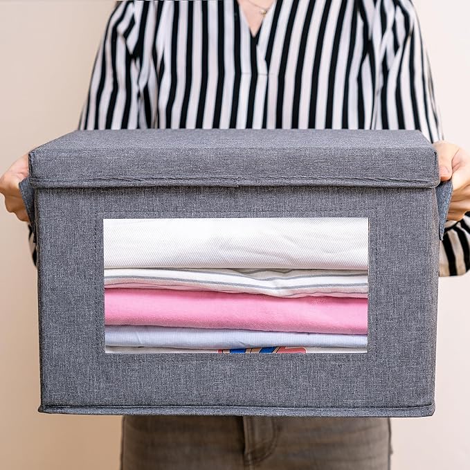 Citylife 3-Pack Collapsible Storage Bins with Lids, Linen Fabric Foldable Storage Boxes, Cube Closet Organization for Clothes, Blankets and Books, Gray-Ruum Studio Home