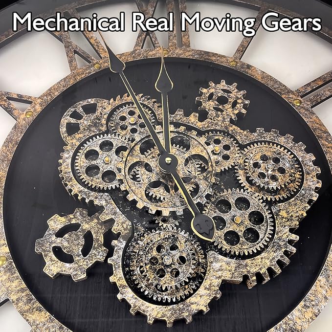DORBOKER 36" Extra Large Wall Clock with Moving Gears, Oversized Giant Industrial Steampunk Rustic Clocks for Wall Decor Living Room Home Office, Solid Wood Vintage Black and Bronze Gears-Ruum Studio Home
