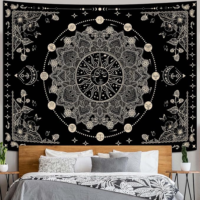Lunerfex Sun and Moon Mandala Tapestry Boho Tapestry for Bedroom Black and White Tapestries Wall Hanging Living Room Wall Art and Home Decor 60x80-Ruum Studio Home