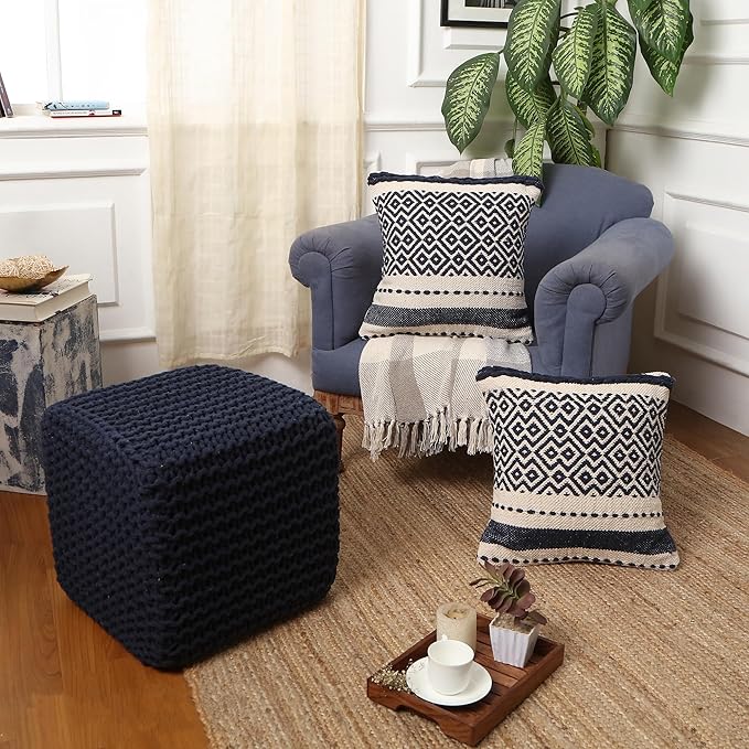 REDEARTH Square Hand Knitted Pouf - Foot Stool Ottoman Coffee Table - Cotton Cord Boho Pouffe - Poof Accent Footrest for Living Room - Bedroom - Library (16" x 16" x 16") - Navy Blue-Ruum Studio Home