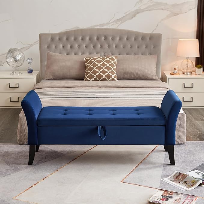 Furniliving Storage Ottoman Bench, Velvet Benches End of Bed Bench with Solid Wood Legs Upholstered Ottoman Bench with Storage Indoor Bench for Living Room with Rolled Arm, Entryway, NavyBlue-Ruum Studio Home