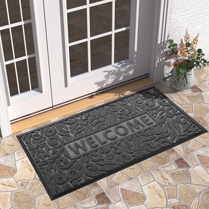 Yimobra Welcome Front Door Mat Outdoor, Heavy Duty Sturdy Non Slip Doormats, Rubber Backing, Low-Profile Entrance Rugs, Absorbent Resist Dirt, Easy Clean Patio Garage Floor Mats, 47X24 Inch, Grey-Ruum Studio Home
