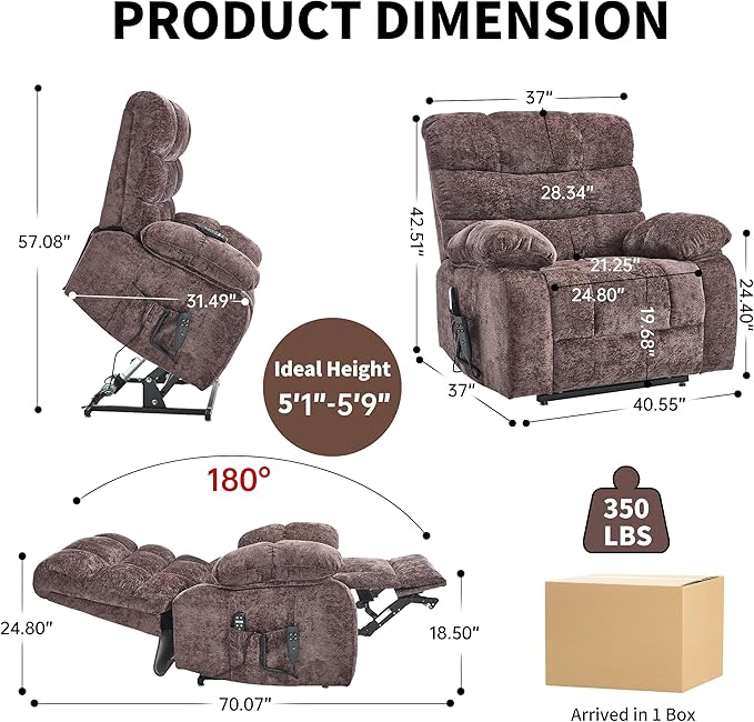 Lay Flat Recliner with Vibration Massage and Lumbar Heating, 26" Wide Recliner with Infinite Position and 2 Remote Controls, Soft Chenille Lift Chair for Living Room, Chocolate-Ruum Studio Home