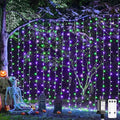 JMEXSUSS 300LED Halloween Curtain Lights with Remote, 9.8x9.8ft Halloween Lights Plug in, Christmas Twinkle Hanging String Light for Bedroom Wall Window Backdrop Indoor Outdoor Decor, Purple and Green-Ruum Studio Home