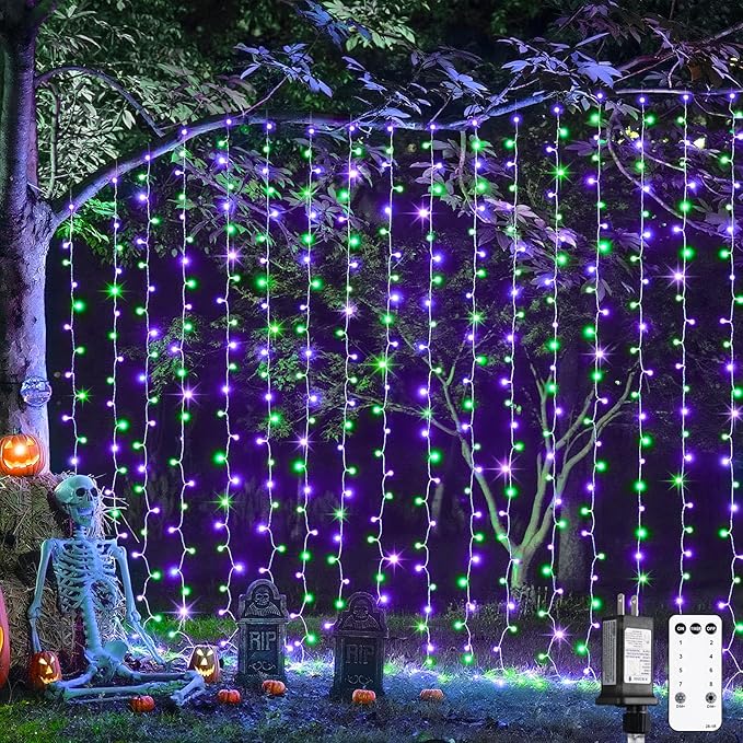 JMEXSUSS 300LED Halloween Curtain Lights with Remote, 9.8x9.8ft Halloween Lights Plug in, Christmas Twinkle Hanging String Light for Bedroom Wall Window Backdrop Indoor Outdoor Decor, Purple and Green-Ruum Studio Home