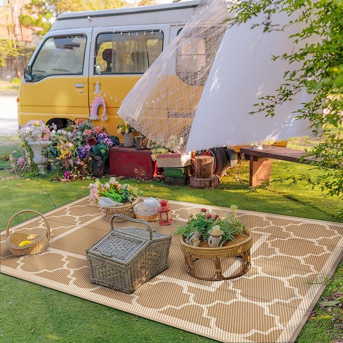 GENIMO 5' x 8' Outdoor Rug Waterproof for Patio Decor, Foldable Reversible Plastic Straw Area Rugs Mat for Camper, Outside Carpet for Rv, Deck, Porch, Picnic, Beach, Balcony, Brown & Beige-Ruum Studio Home